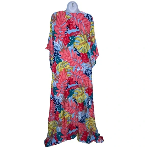 ✨NEW ✨ Boho Maxi Tropical Floral Colorful Caftan Beach Swim Cover Up Dress OS - Picture 14 of 16